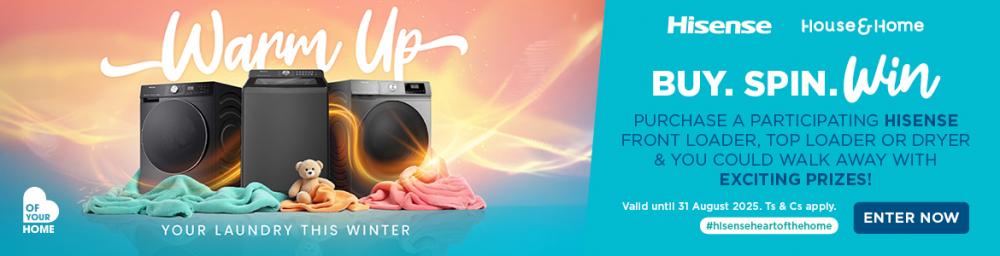 Purchase a participating Hisense front loader, top loader or dryer & you could walk away with exciting prizes. Valid until 31 August 2025.