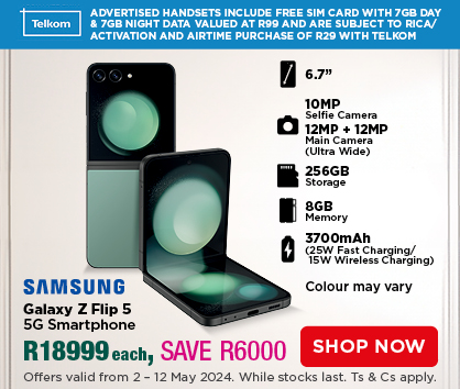 SAMSUNG Galaxy Z Flip 5 5G Smartphone
R18999 each, SAVE R6000