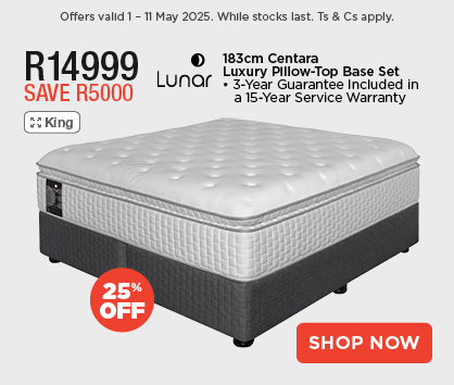 Lunar 183cm Centara Luxury Pillow-Top Base Set
            • 3-Year Guarantee Included In a 15-Year Service Warranty
            R14999
            SAVE R5000