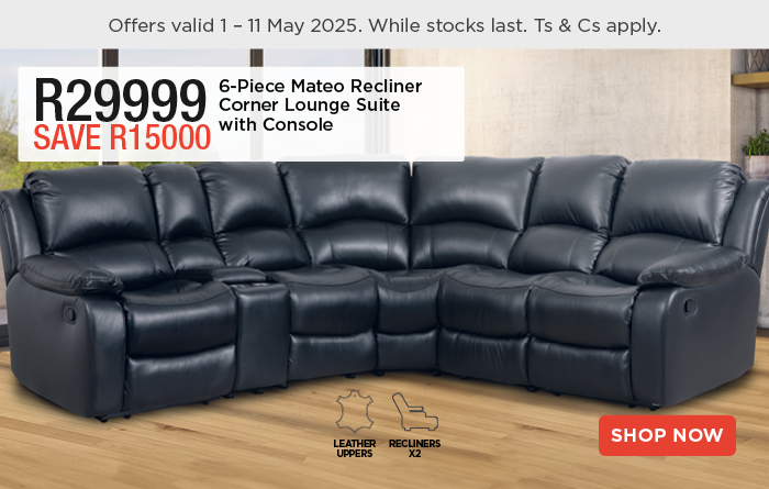 6-Piece Mateo Recliner Corner Lounge Suite with Console
            R29999
            SAVE R15000