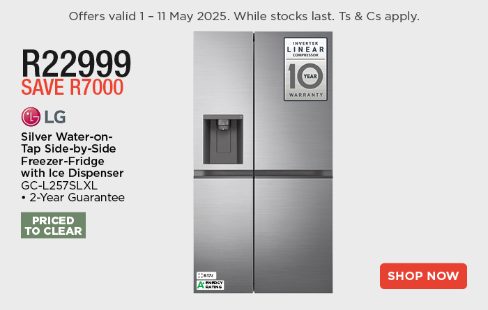 LG Silver Water-on-Tap Side-by-Side Freezer-Fridge with Ice Dispenser
            GC-L257SLXL
            • 2-Year Guarantee
            R22999
            SAVE R7000