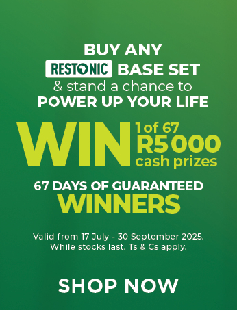 Buy any Restonic base set and stand a chance to win your share of R335,000! Simply send proof of purchase via WhatsApp to +27 61 962 5767. Competition ends 30 September 2025, so shop now and sleep well with more in your pocket. Ts & Cs apply.