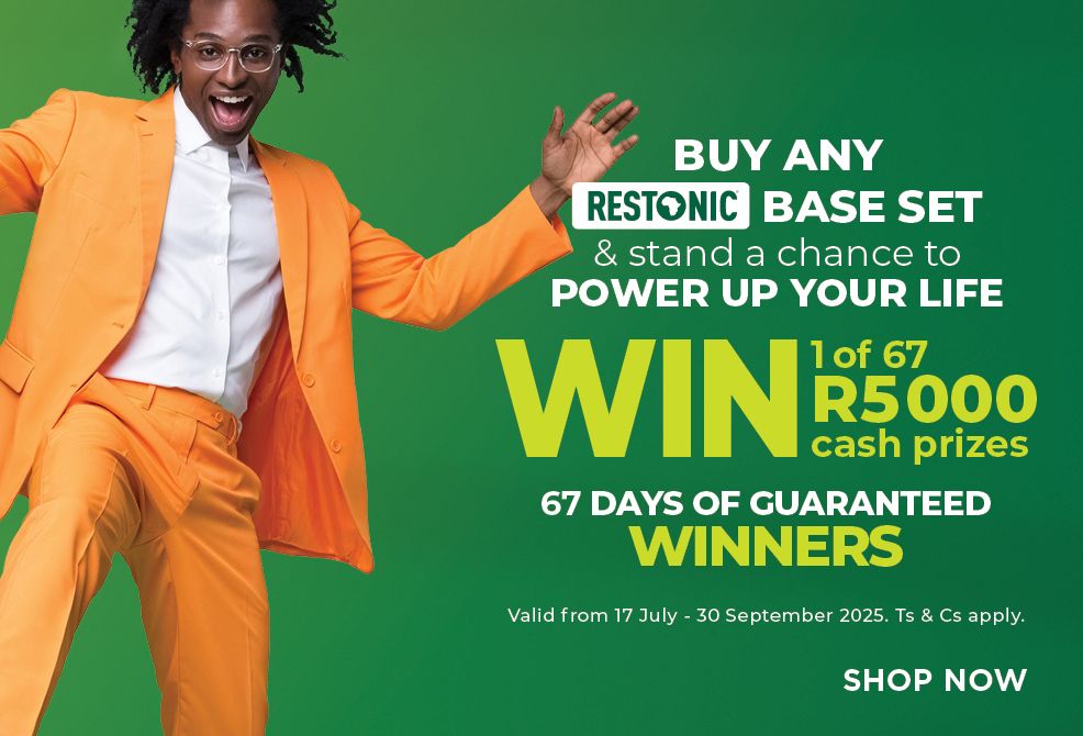 Buy any Restonic base set and stand a chance to win your share of R335,000! Simply send proof of purchase via WhatsApp to +27 61 962 5767. Competition ends 30 September 2025, so shop now and sleep well with more in your pocket. Ts & Cs apply.