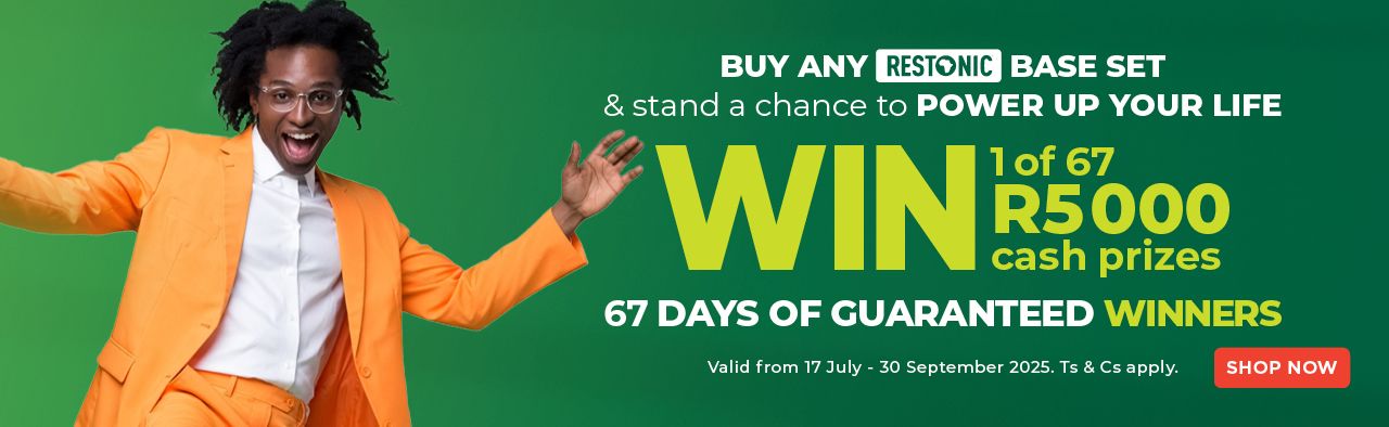 Buy any Restonic base set and stand a chance to win your share of R335,000! Simply send proof of purchase via WhatsApp to +27 61 962 5767. Competition ends 30 September 2025, so shop now and sleep well with more in your pocket. Ts & Cs apply.