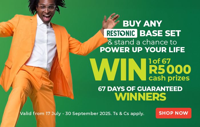 Buy any Restonic base set and stand a chance to win your share of R335,000! Simply send proof of purchase via WhatsApp to +27 61 962 5767. Competition ends 30 September 2025, so shop now and sleep well with more in your pocket. Ts & Cs apply.