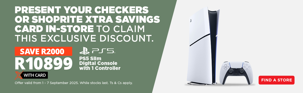 Xtra Savings - SONY PS5 SLIM DIGITAL CONSOLE - SASAHH2610 | 1 - 7 September 2025. While stocks last, layby not available.