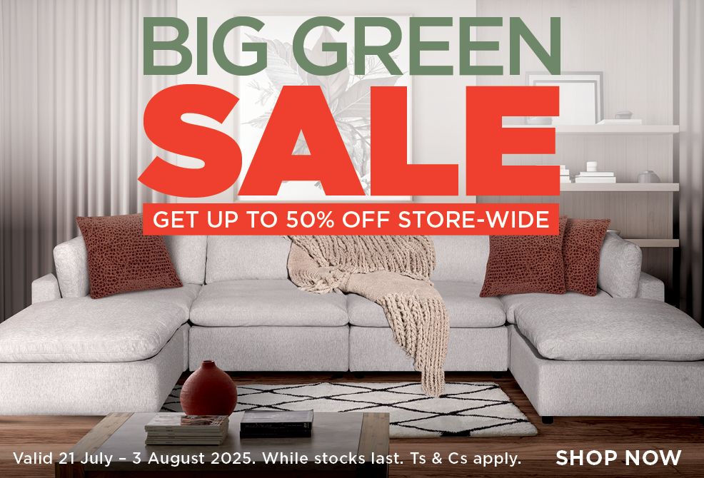 BIG GREEN SALE. GET UP TO 50% OFF STORE-WIDE. Valid 21 July – 3 August 2025. While stocks last. Ts & Cs apply. SHOP NOW