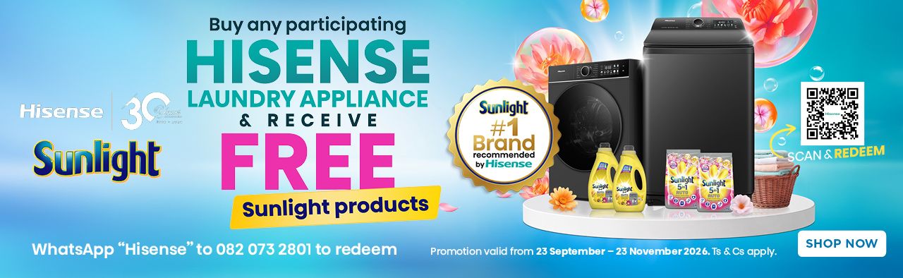 HH Hisense x Sunlight 23 September - 23 November 2026. While stocks last. Ts & Cs apply.