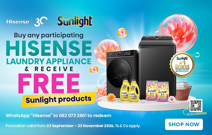 HH Hisense x Sunlight 23 September - 23 November 2026. While stocks last. Ts & Cs apply.